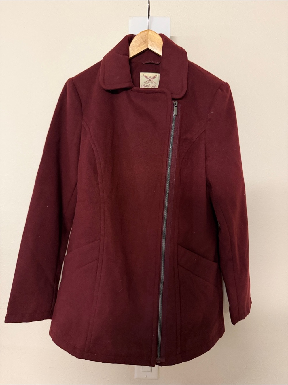 Faded Glory Wine Asymmetrical Zip Pea Coat B17